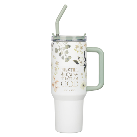 Large Stainless Steel Travel Mug with Handle and Straw - Be Still & Know That I Am God