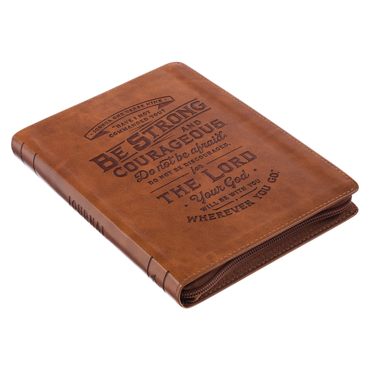 Faux Leather Journal With Zipped Closure - Be Strong & Courageous Brown