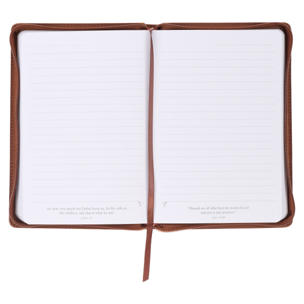 Faux Leather Journal With Zipped Closure - Be Strong & Courageous Brown