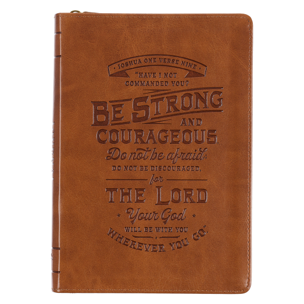 Faux Leather Journal With Zipped Closure - Be Strong & Courageous Brown