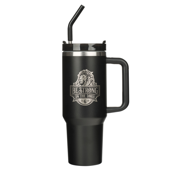 Large Stainless Steel Travel Mug with Handle and Straw - Be Strong in the Lord