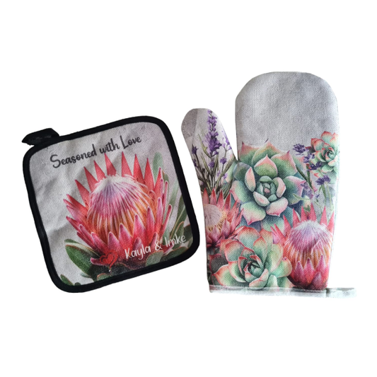 Personalized Printed Oven Gloves - Protea & Succulent