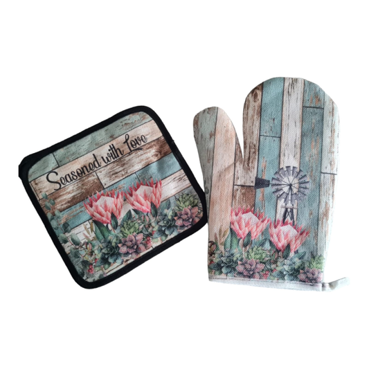 Personalized Printed Oven Gloves - Protea & Windmill