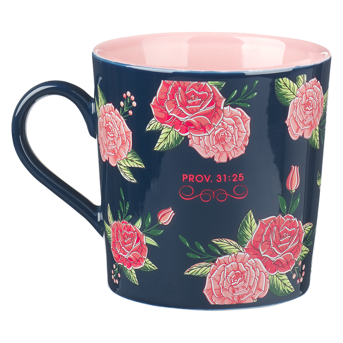 Strength And Dignity Navy And Pink Floral Ceramic Mug - Proverbs 31:25