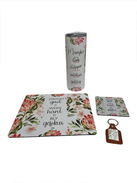 Personalized Tumbler, Mousepad, Coaster, Keyring Combo Set